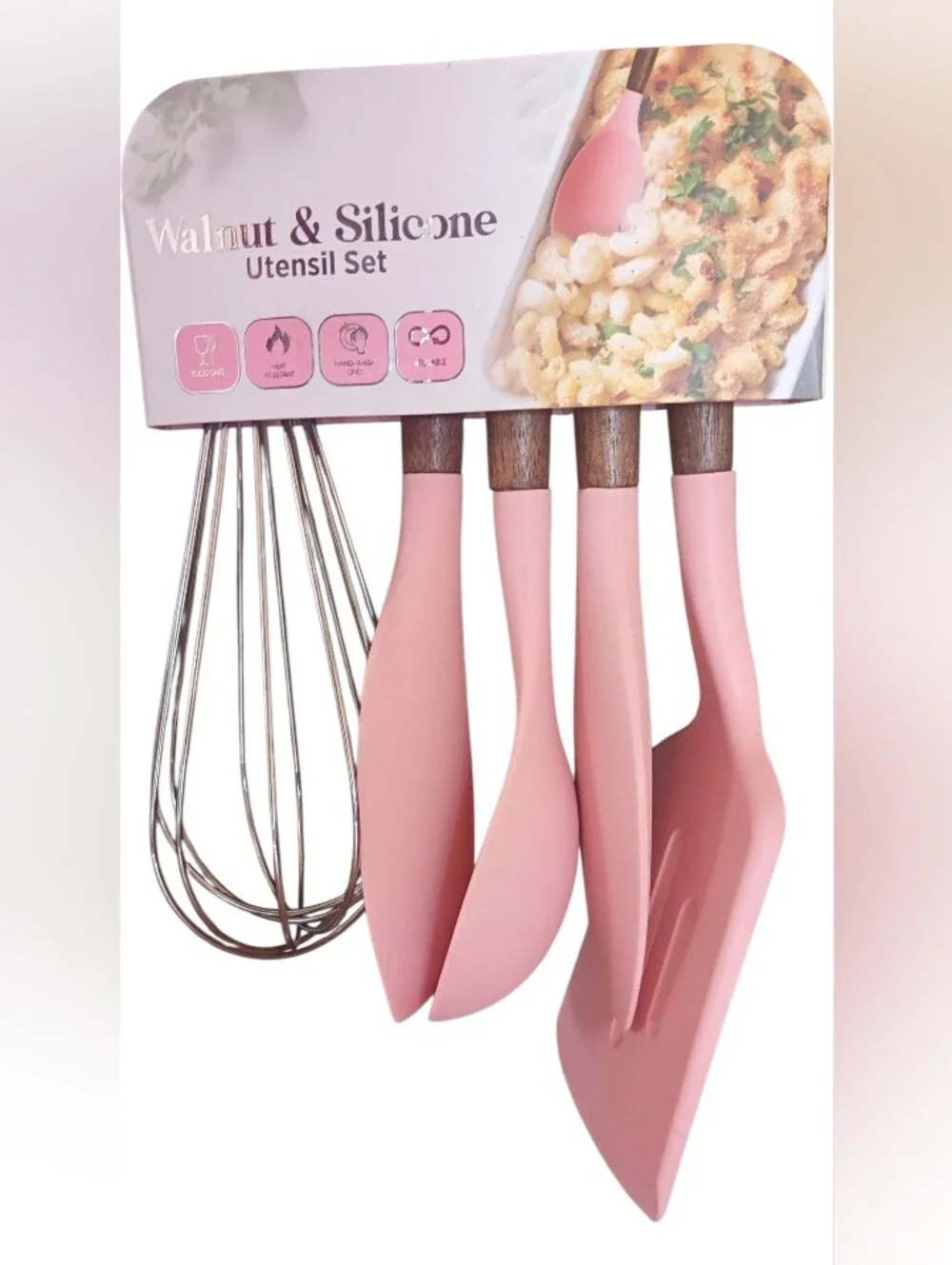 NWT Gourmet 5pc Walnut & Silicone Utensil Set Pink